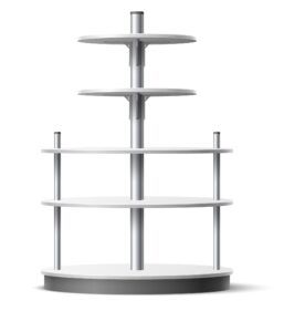 Empty shelving stands. Realistic shopping racks. Different type selling showcases. Isolated supermarket and stores 3D furniture. Product distribution equipment. Vector white exhibition racking set